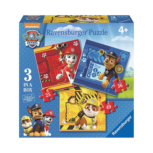 Puzzle 3v1 Ravensburger Labková patrola - Rubble, Marshall a Chase